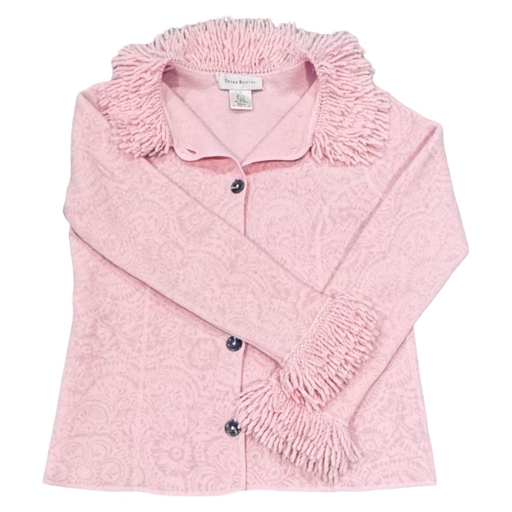 Susan Bristol Size L Pink Wool Blend Cardigan Yarn Fringe on Collar & Cuff